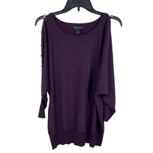 Audrey & Grace Purple Cold Shoulder Sweater Gold Button Batwing Sleeve Size M